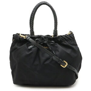 Prada Ribbon Handbag Tote Bag Braided Handles Shoulder Nero Black